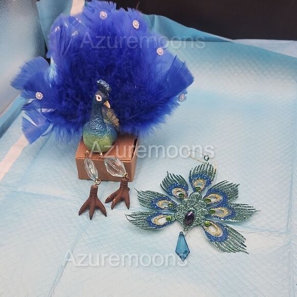 Blue and Green Peacock shelf sitter and ornament Decor Set - Picture 2 of 6
